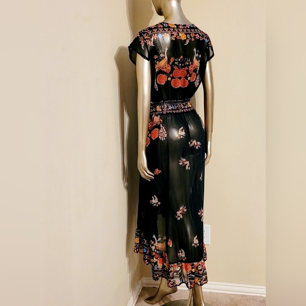 NWOT Floral Shirred Waist Tie Front Ruffle Hem Boho Sheer Dress Sz M - Picture 10 of 16